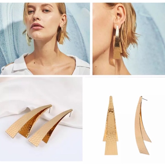 Anthropologie Gold Long arch earrings double posts - Picture 3 of 3